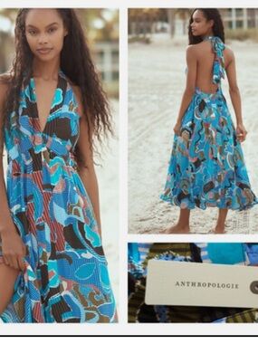 Anthropologie Blue Multi Halter Midi Dress XL